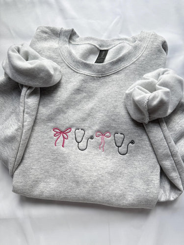 Nurse Bow and Stethoscope Crewneck Embroiderey/Hoodie cute applique embroidery nicu, er, trama, ocu, nurse apparel, nurse sweatshirt